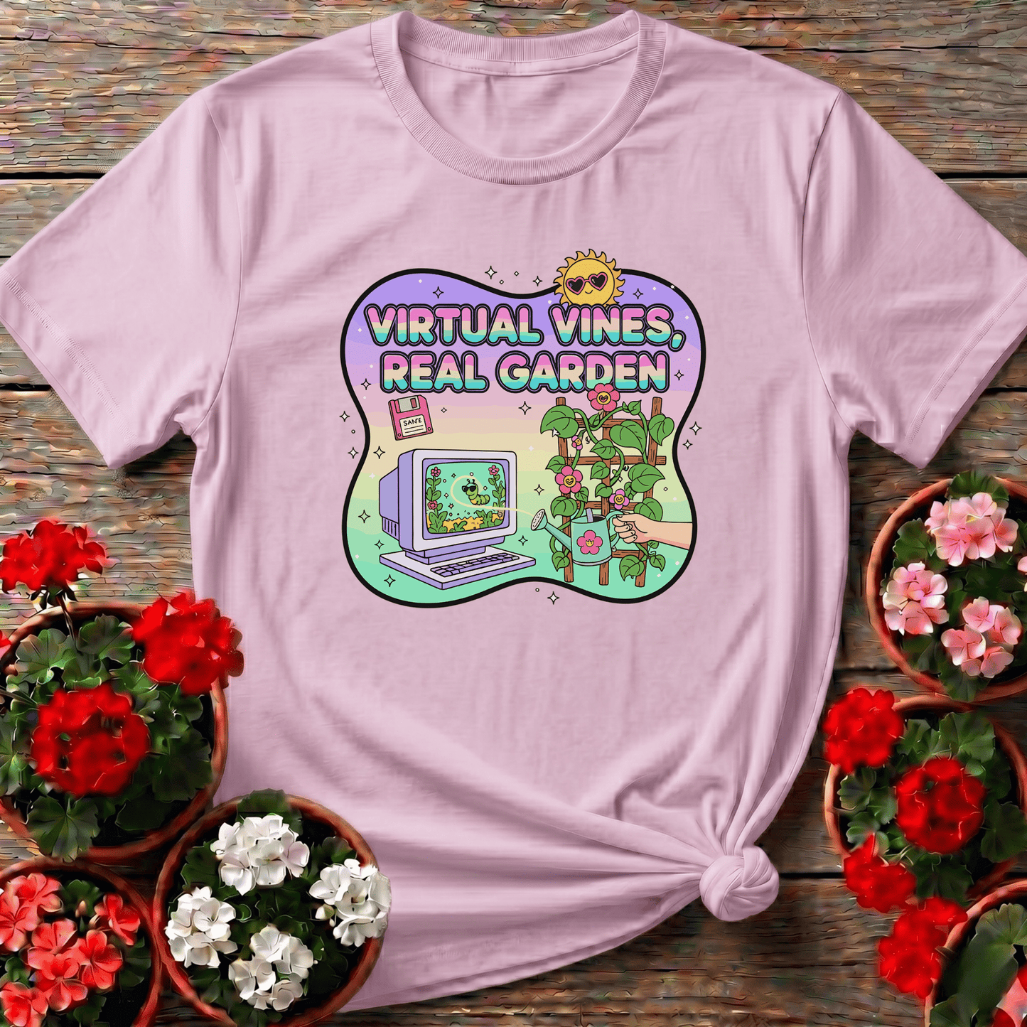 Virtual Vines Real Garden Retro Gamer Y2K T-shirt - GardeningTshirts