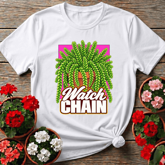 White bold graphic watch chain cactus shirt with hot pink vintage design for succulent lovers