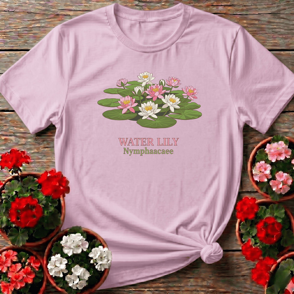 Light Pink romantic botanical water lily gardening tee with blush floral print for the still-water dreamer