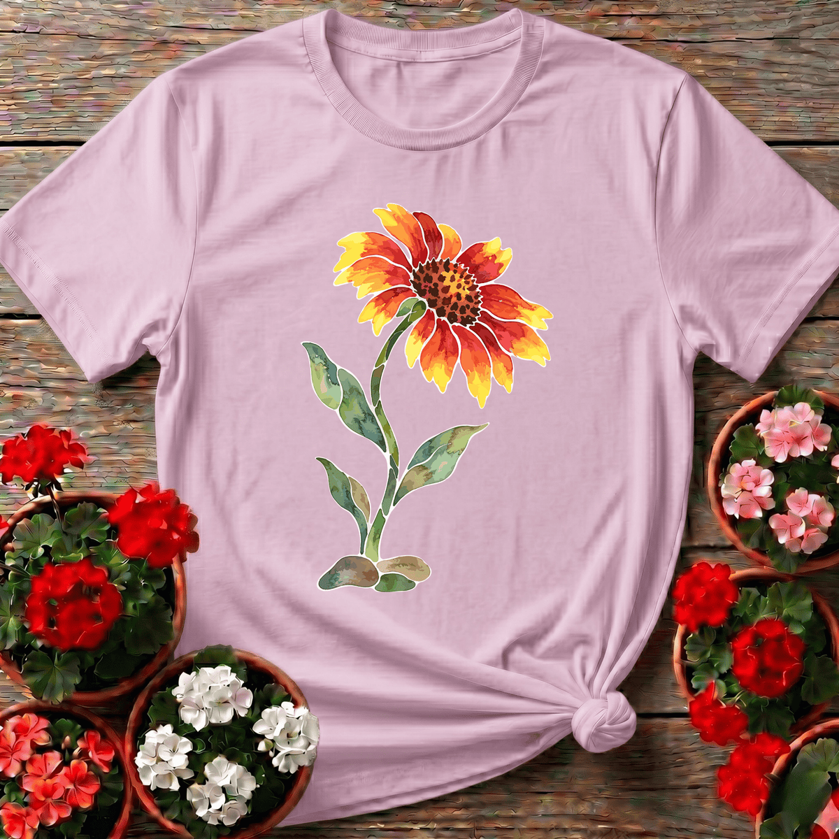 Light Pink delicate botanical watercolor wildflower tee with rich amber and red blanket flower for garden lovers