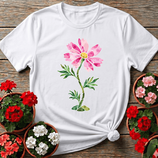 White soft painterly cosmos bloom gardening shirt for wildflower enthusiasts
