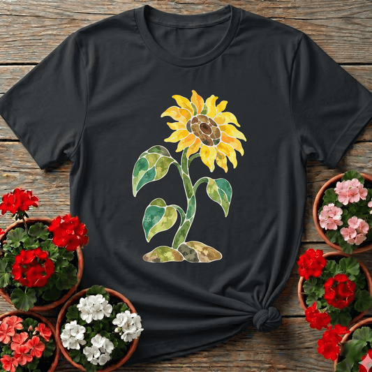Black watercolor mosaic sunflower gardening tee for plant lovers and cottagecore gardeners