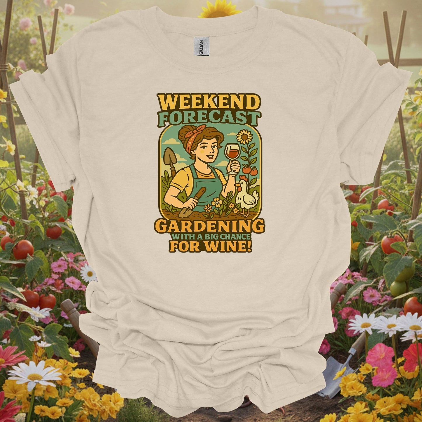 Natural tshirt showing gardening with a chance for wine retro pin-up for people who love plants