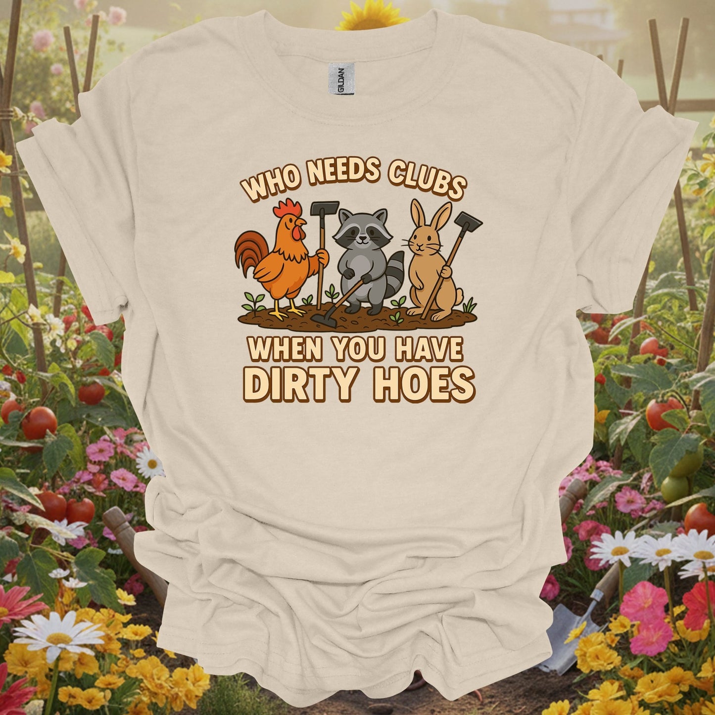 Natural tshirt showing who needs clubs funny animal gardener for people who love plants