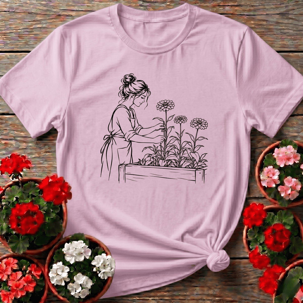 Woman Tending Raised Bed Zinnia Garden Line Art Tee - GardeningTshirts