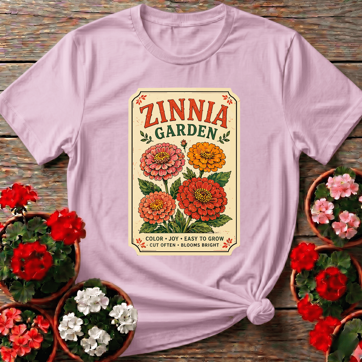 Zinnia Garden Seed Packet Vintage Floral Gardening T-Shirt - GardeningTshirts