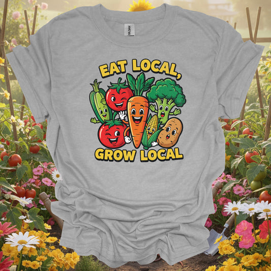 Eat Local, Grow Local  🍅🌽  colorful gardening and sustainability t-shirt