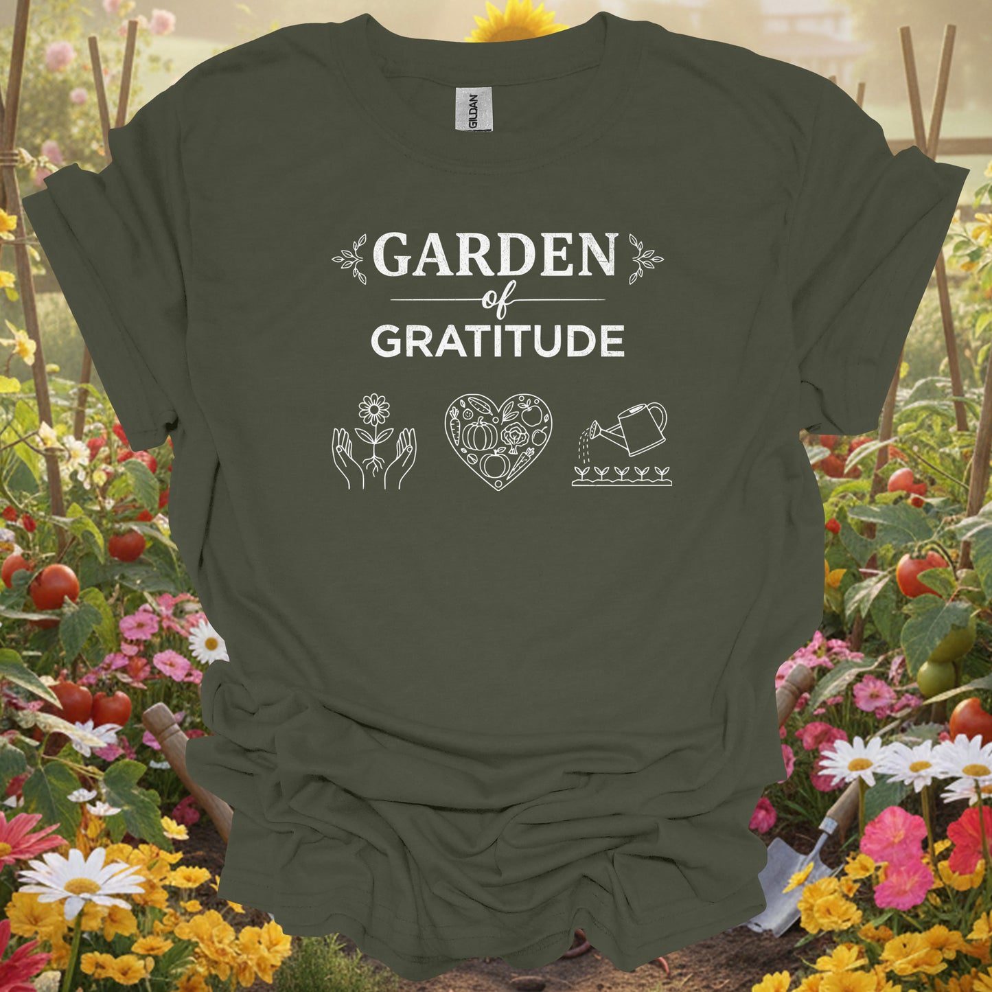 Military Green top showing garden of gratitude inspirational vintage for nature lovers