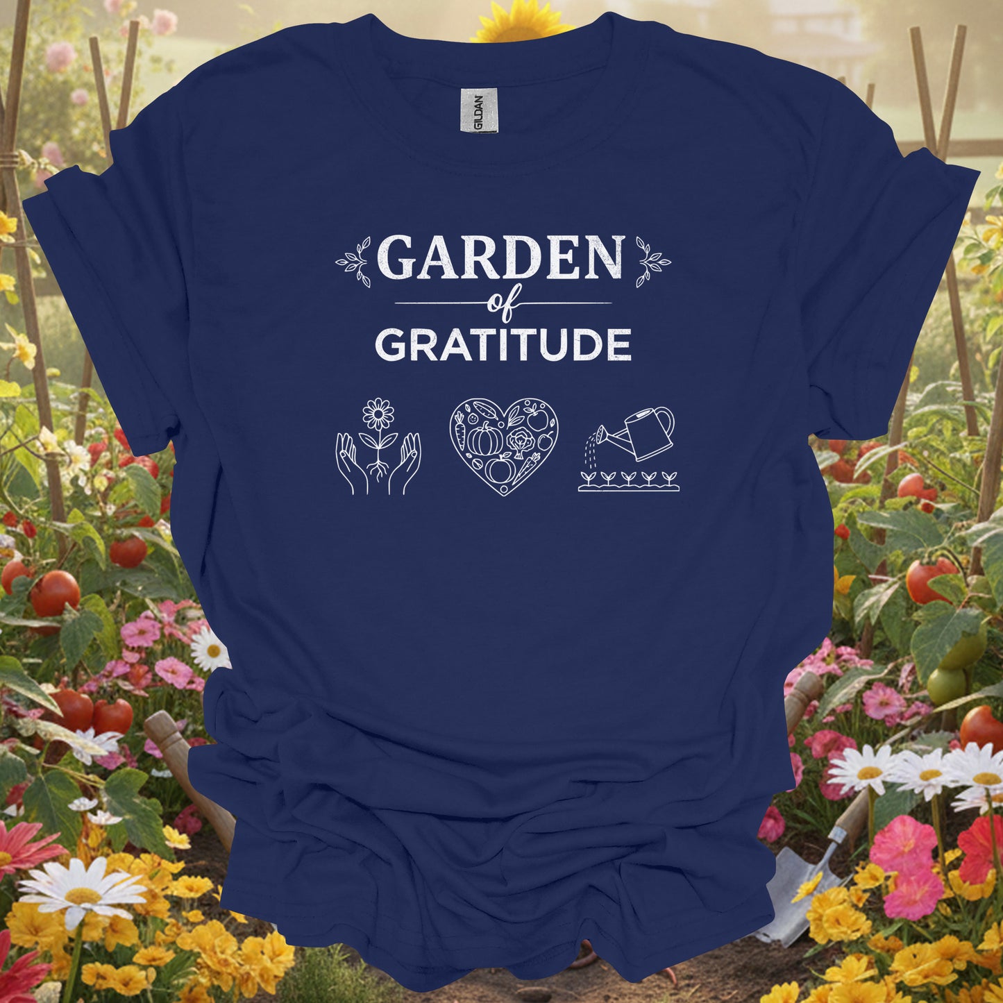 Navy top showing garden of gratitude inspirational vintage for green thumb folks