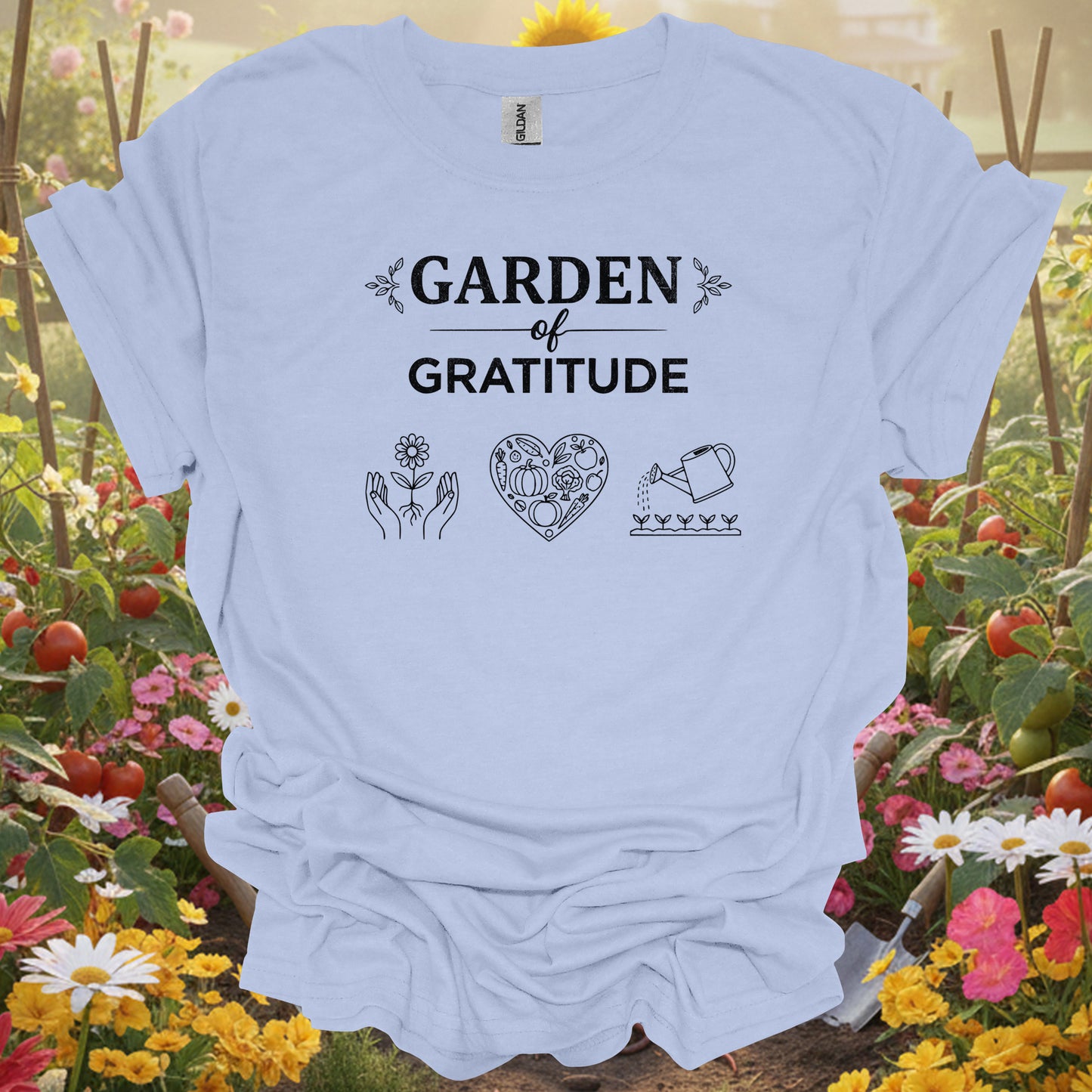 Light Blue shirt showing garden of gratitude inspirational vintage for home gardeners