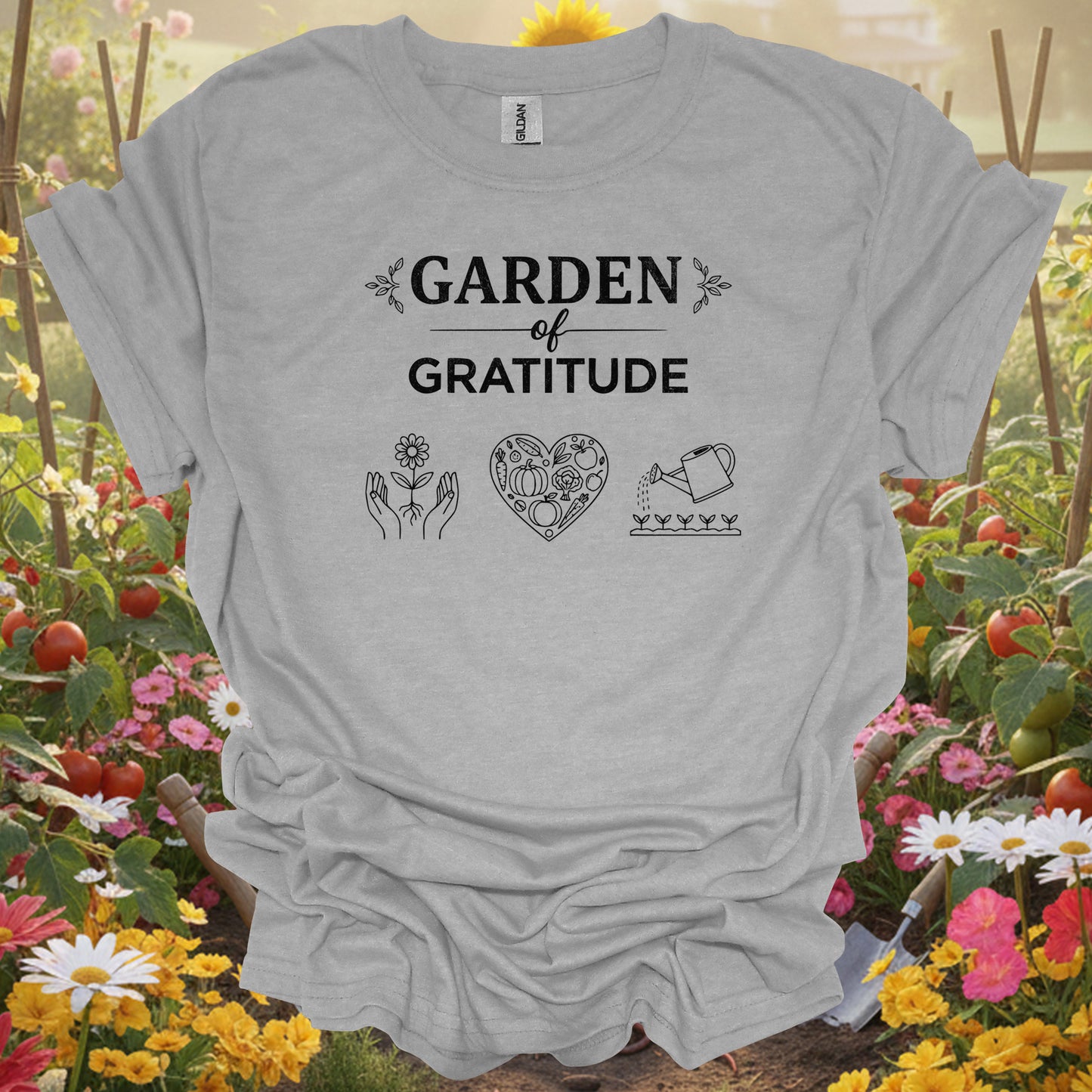 Sport Grey tshirt showing garden of gratitude inspirational vintage for gardening enthusiasts