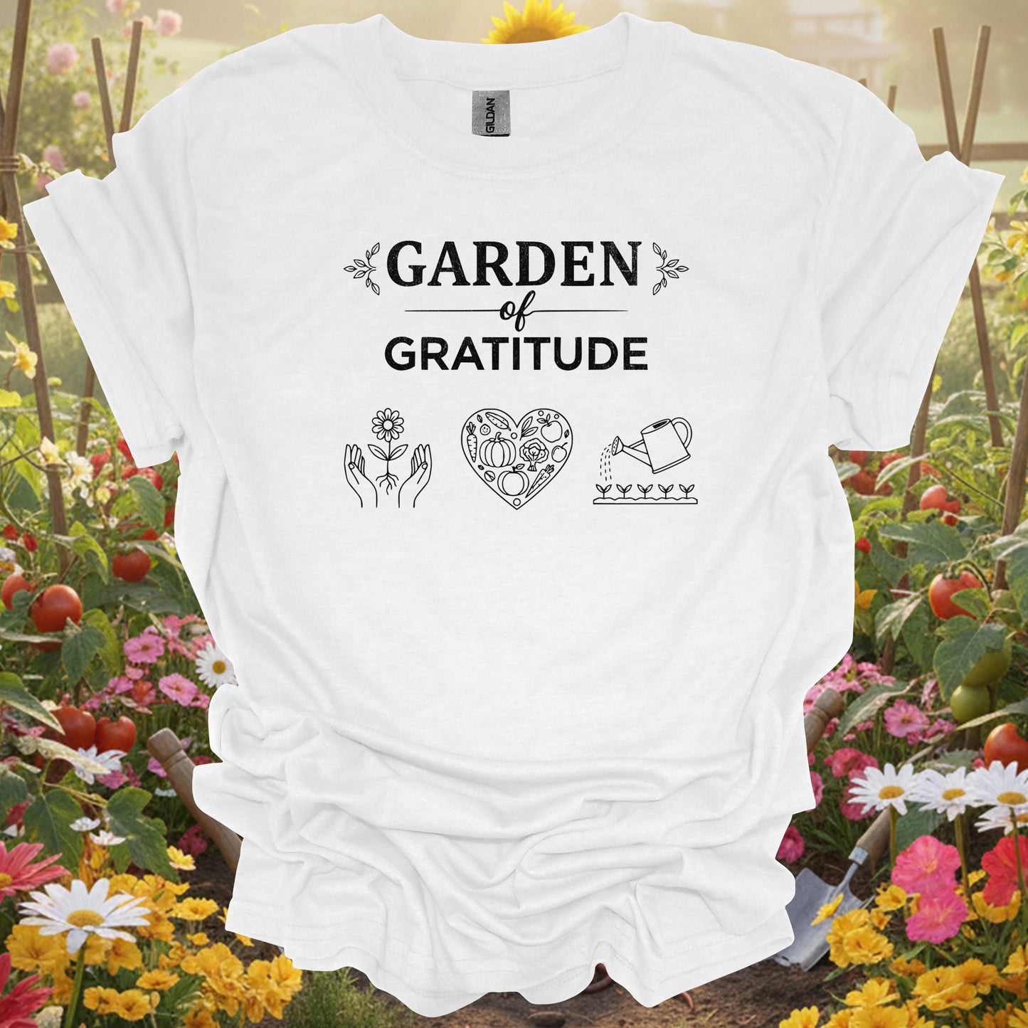White tee showing garden of gratitude inspirational vintage for garden hobbyists