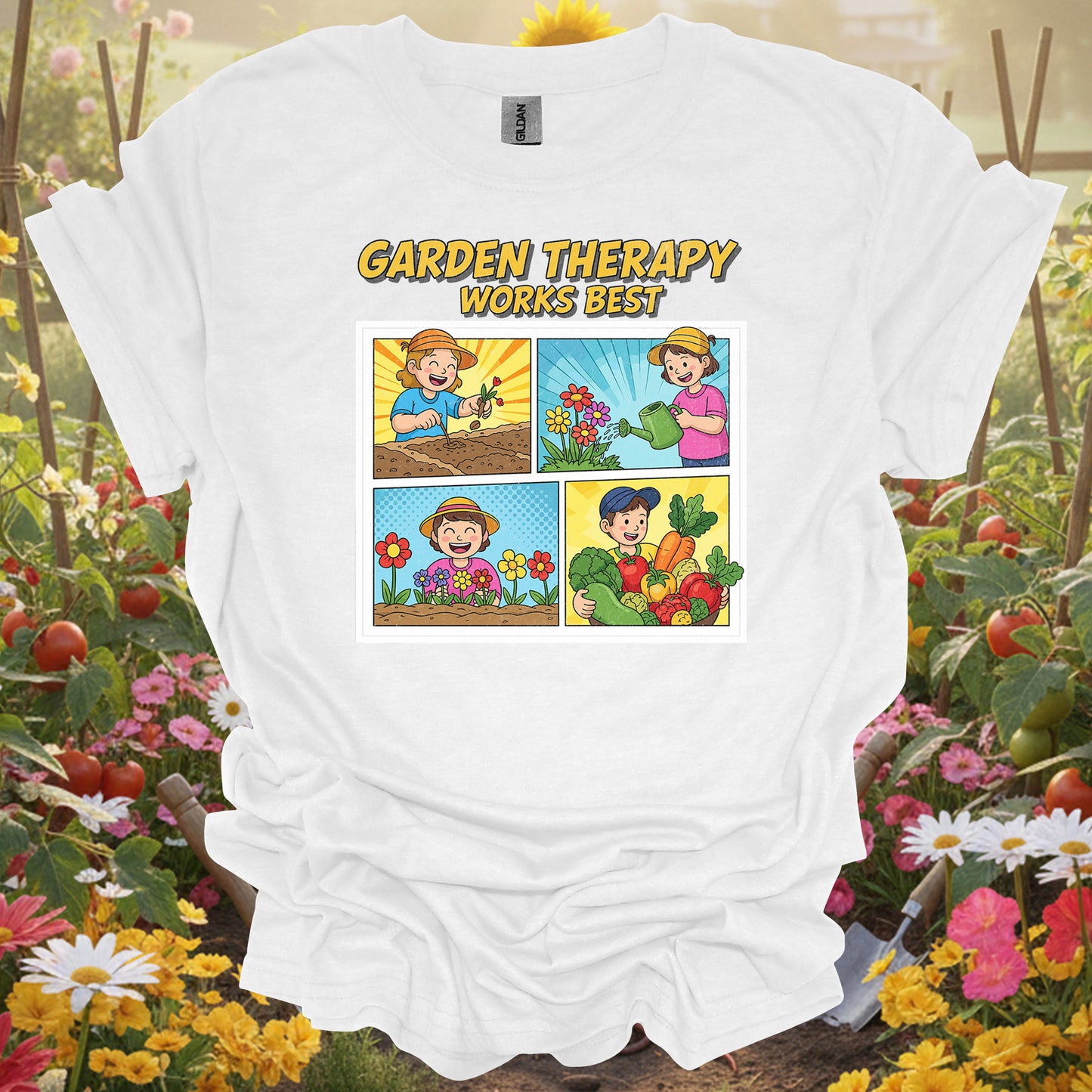 "Garden Therapy Works Best" Comic  Panel Tee Gardening Shirt
