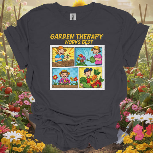 "Garden Therapy Works Best" Comic  Panel Tee Gardening Shirt