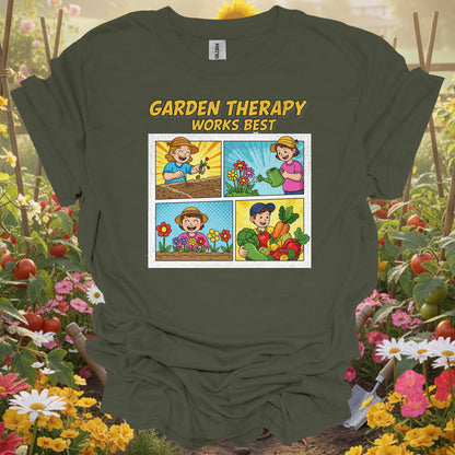 "Garden Therapy Works Best" Comic  Panel Tee Gardening Shirt