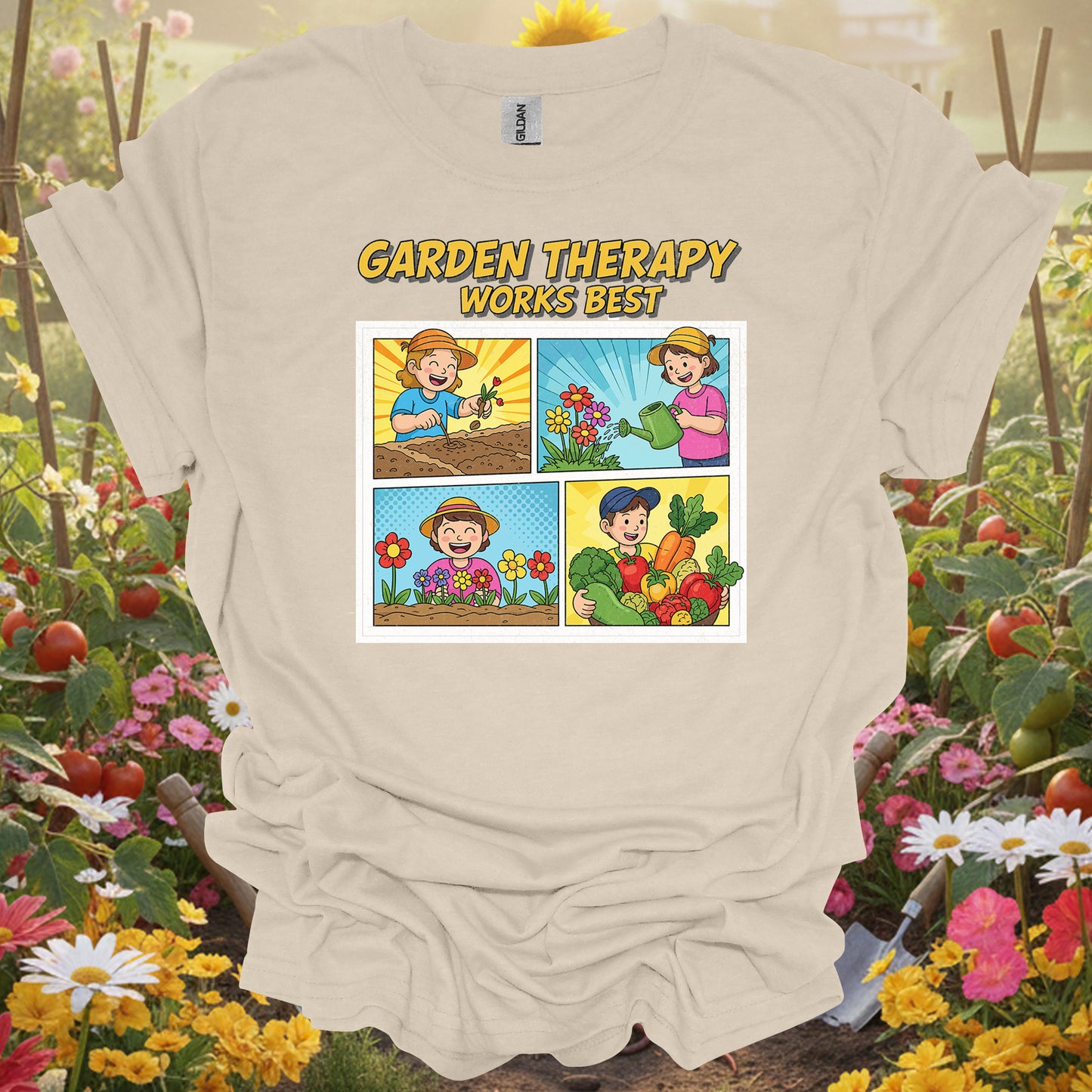 "Garden Therapy Works Best" Comic  Panel Tee Gardening Shirt