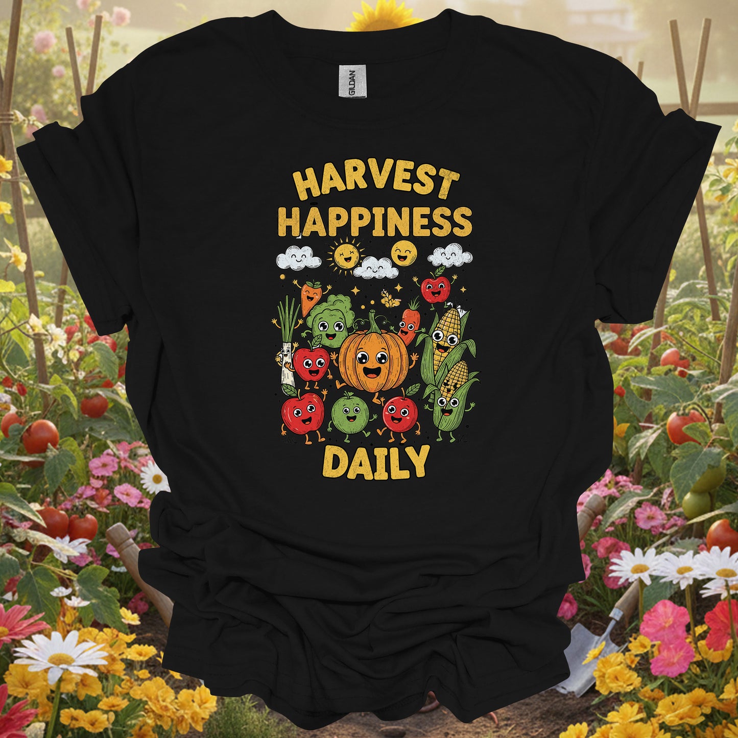 "Harvest Happiness Daily" Cartoon Vegetable Produce Gardening Shirt