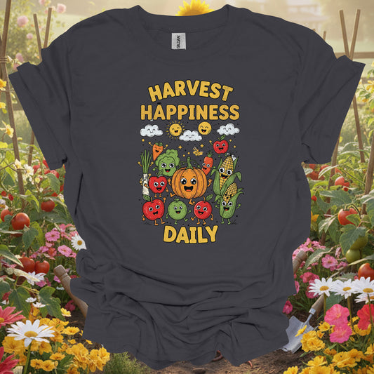 "Harvest Happiness Daily" Cartoon Vegetable Produce Gardening Shirt
