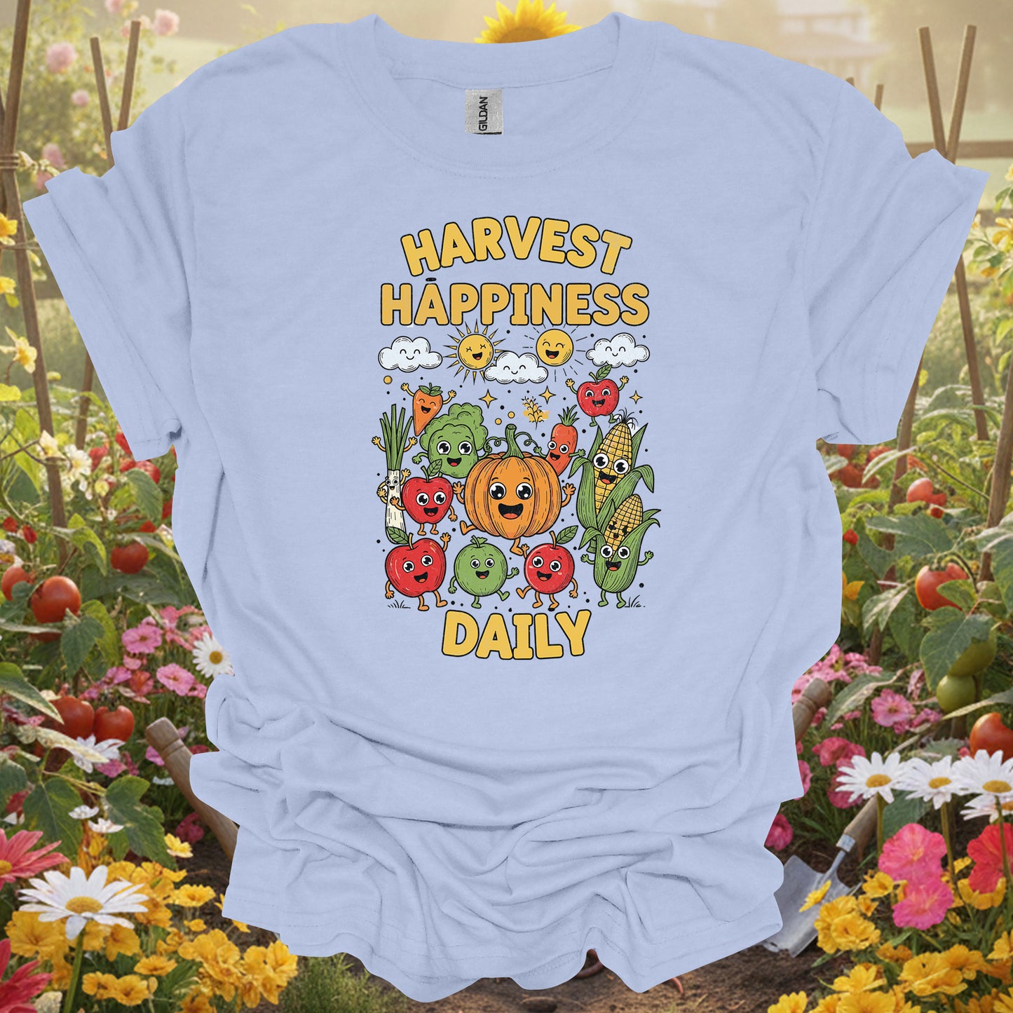 "Harvest Happiness Daily" Cartoon Vegetable Produce Gardening Shirt