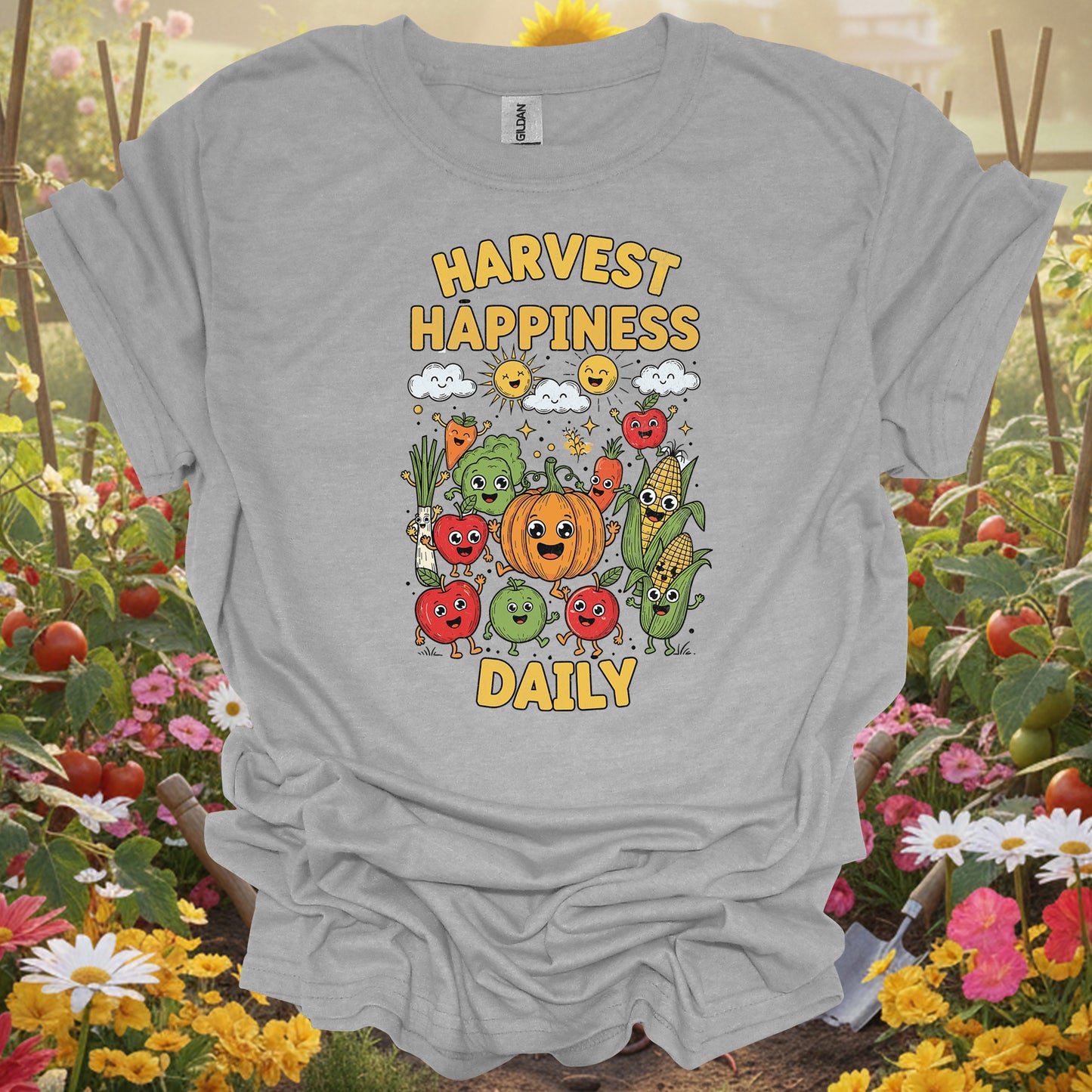 "Harvest Happiness Daily" Cartoon Vegetable Produce Gardening Shirt