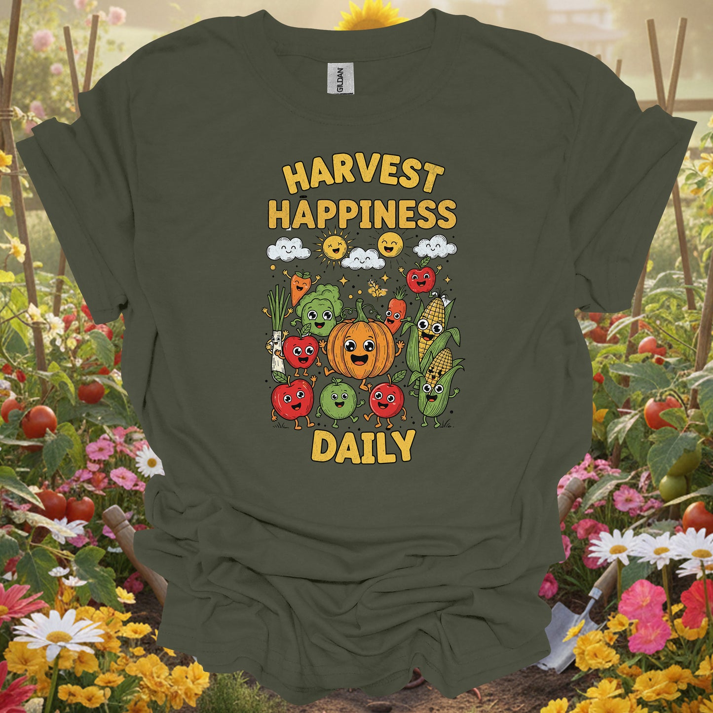 "Harvest Happiness Daily" Cartoon Vegetable Produce Gardening Shirt