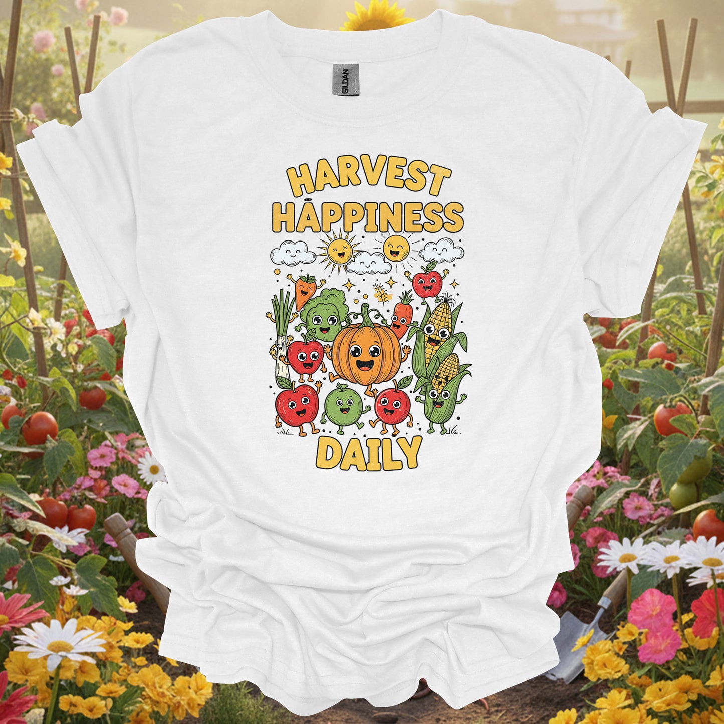 "Harvest Happiness Daily" Cartoon Vegetable Produce Gardening Shirt