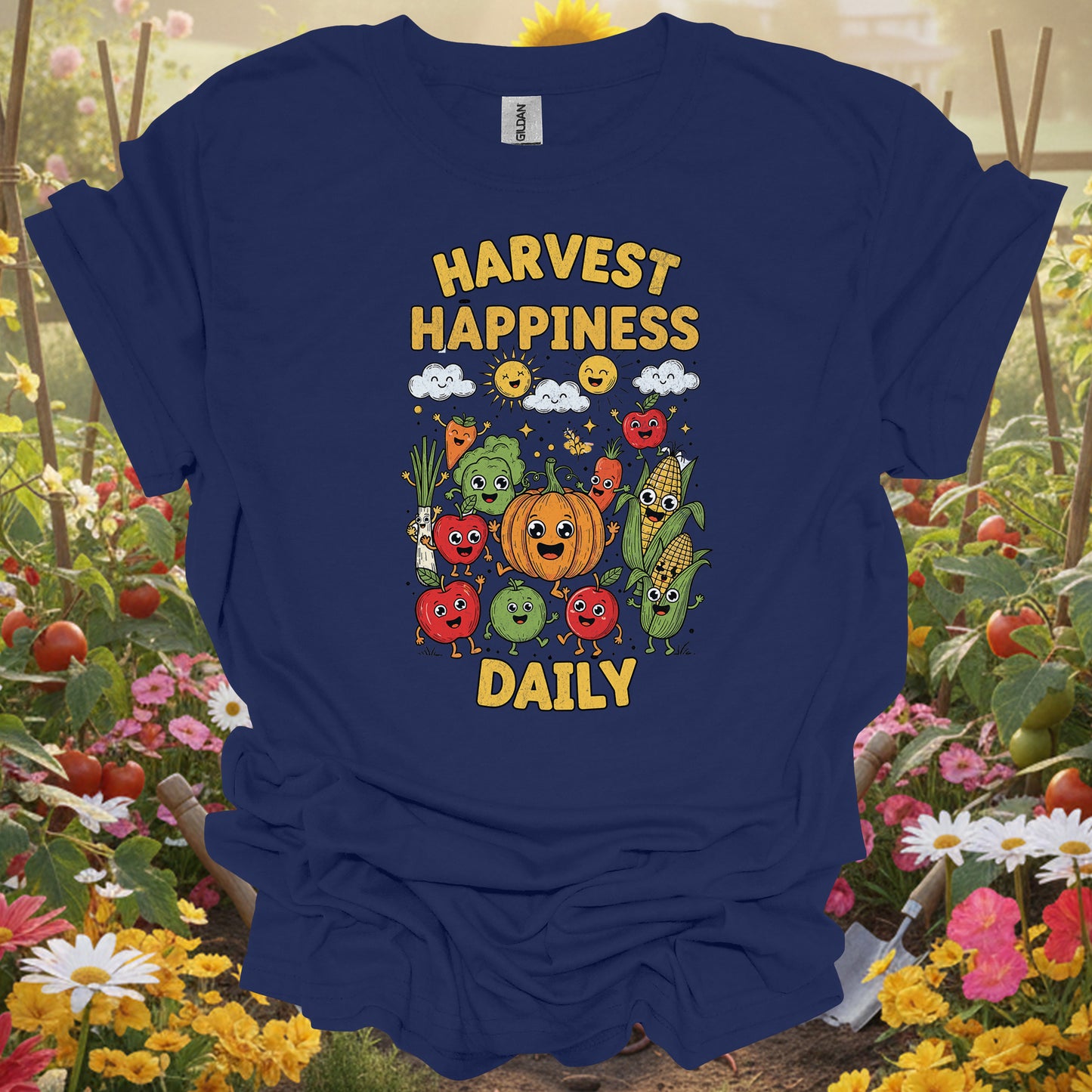 "Harvest Happiness Daily" Cartoon Vegetable Produce Gardening Shirt