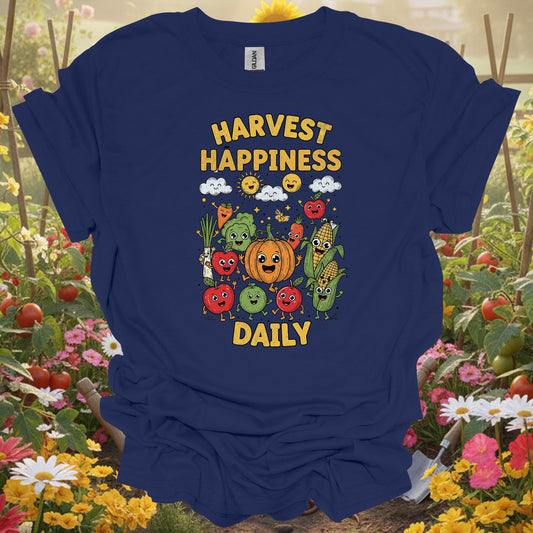 "Harvest Happiness Daily" Cartoon Vegetable Produce Gardening Shirt