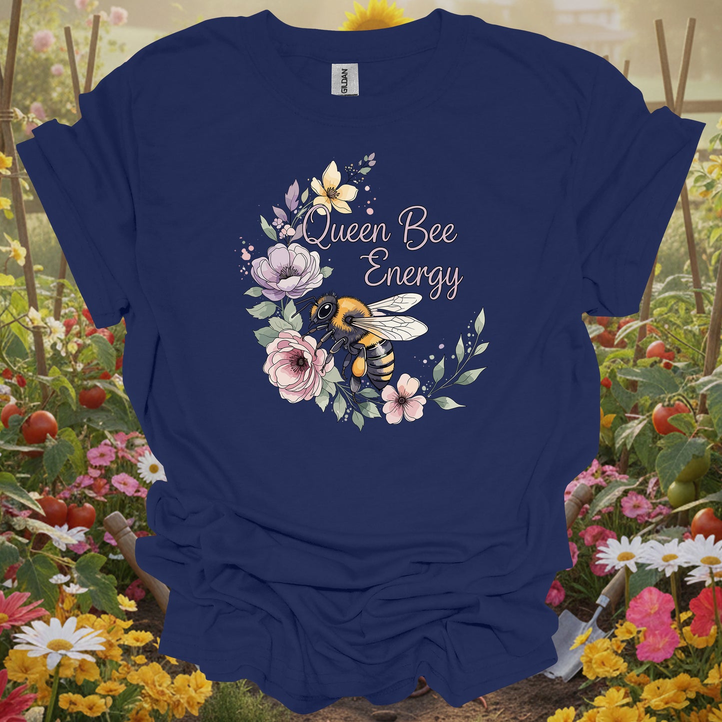 Navy top with a retro storybook botanical graphic of a honeybee for those who enjoy a mindful homesteading vibe.