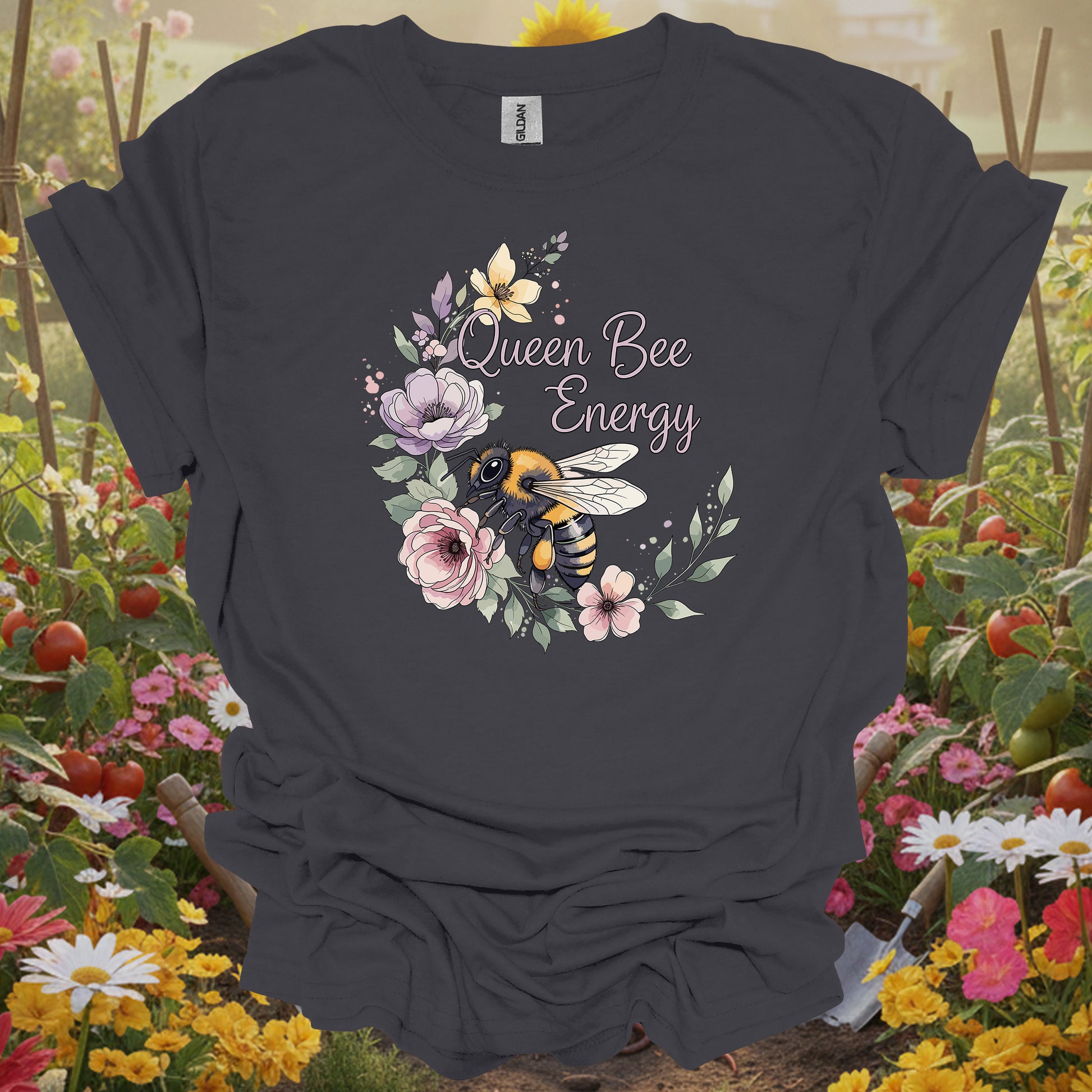 Charcoal tee featuring a honeybee and floral wreath design that perfectly captures your powerful queen bee energy.
