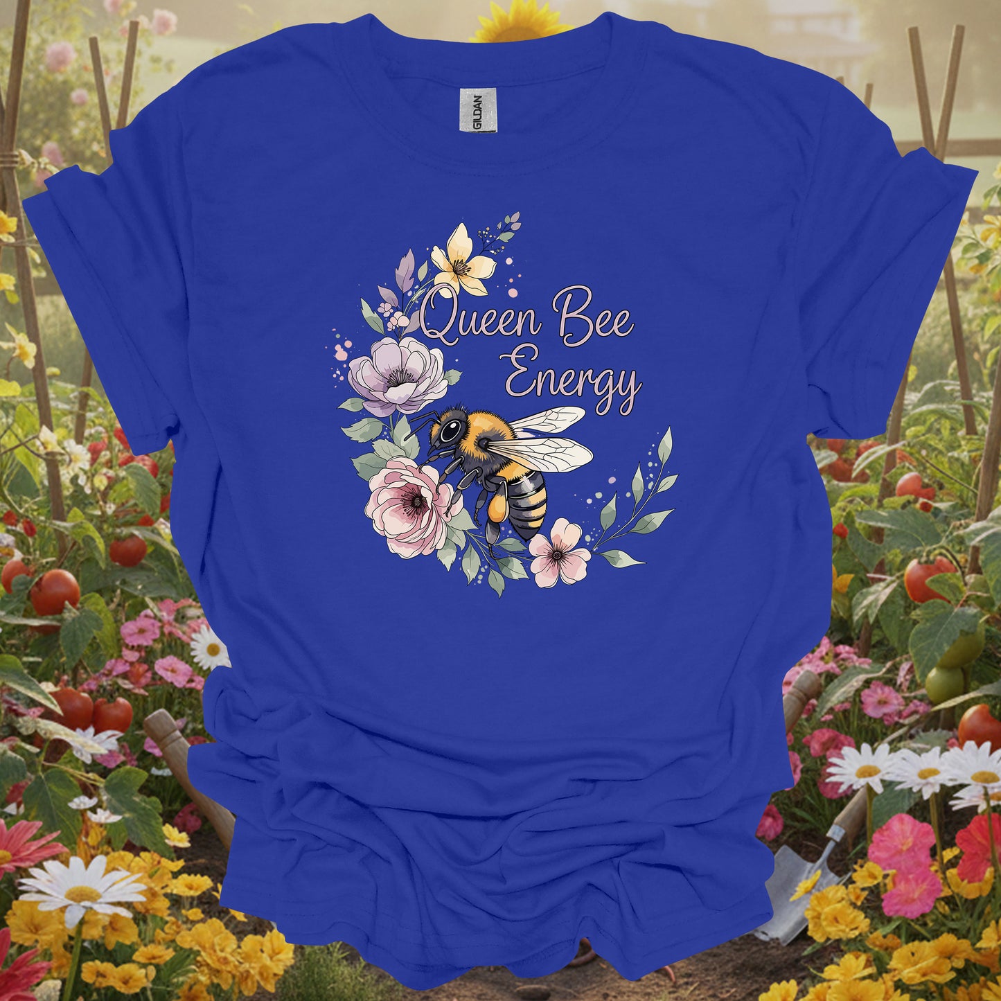 Royal apparel displaying an elegant floral wreath and bee on a casual gardening tee for any hobby farmer.