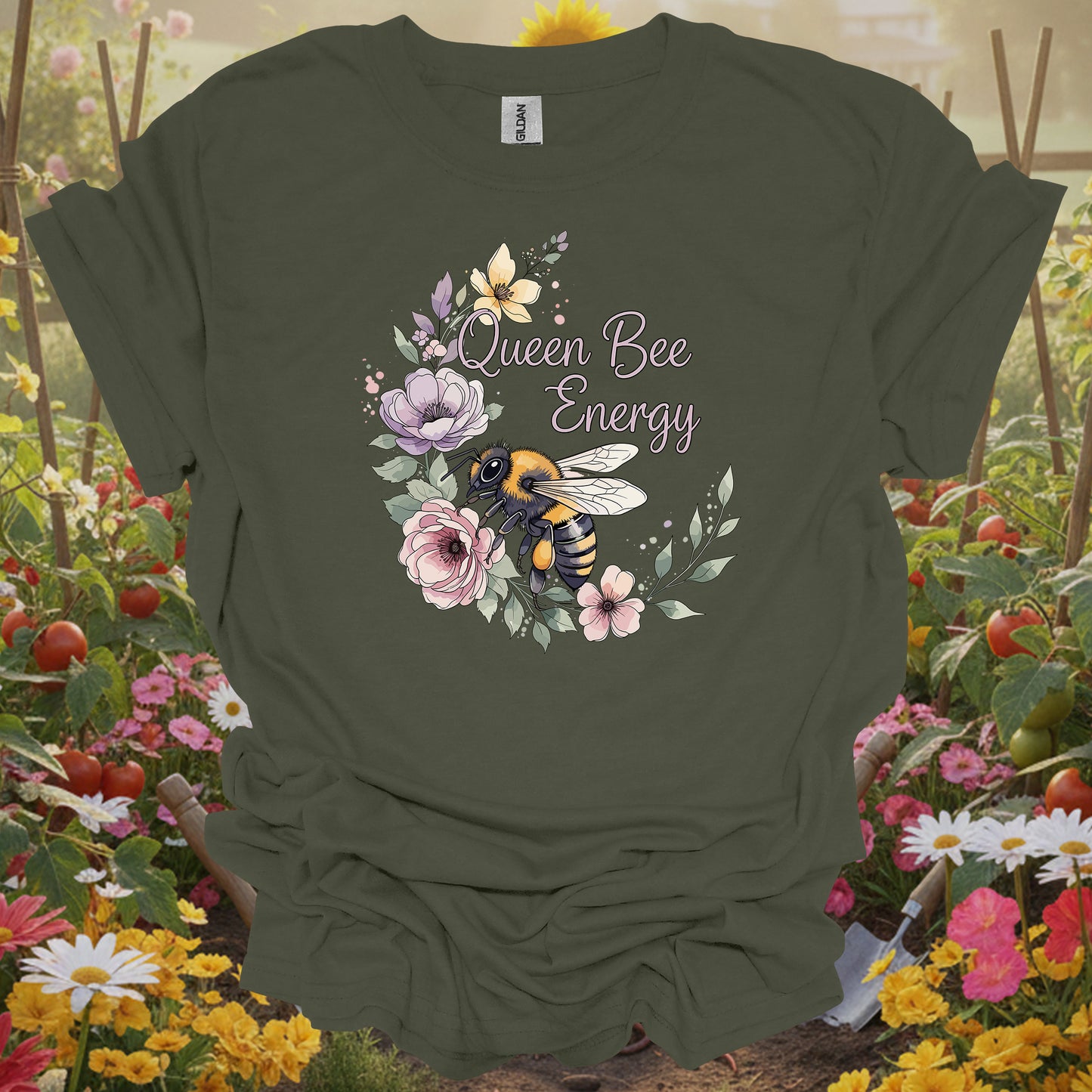 Military Green gardening tee with a retro-inspired storybook look that serves as a functional piece of art for growers.