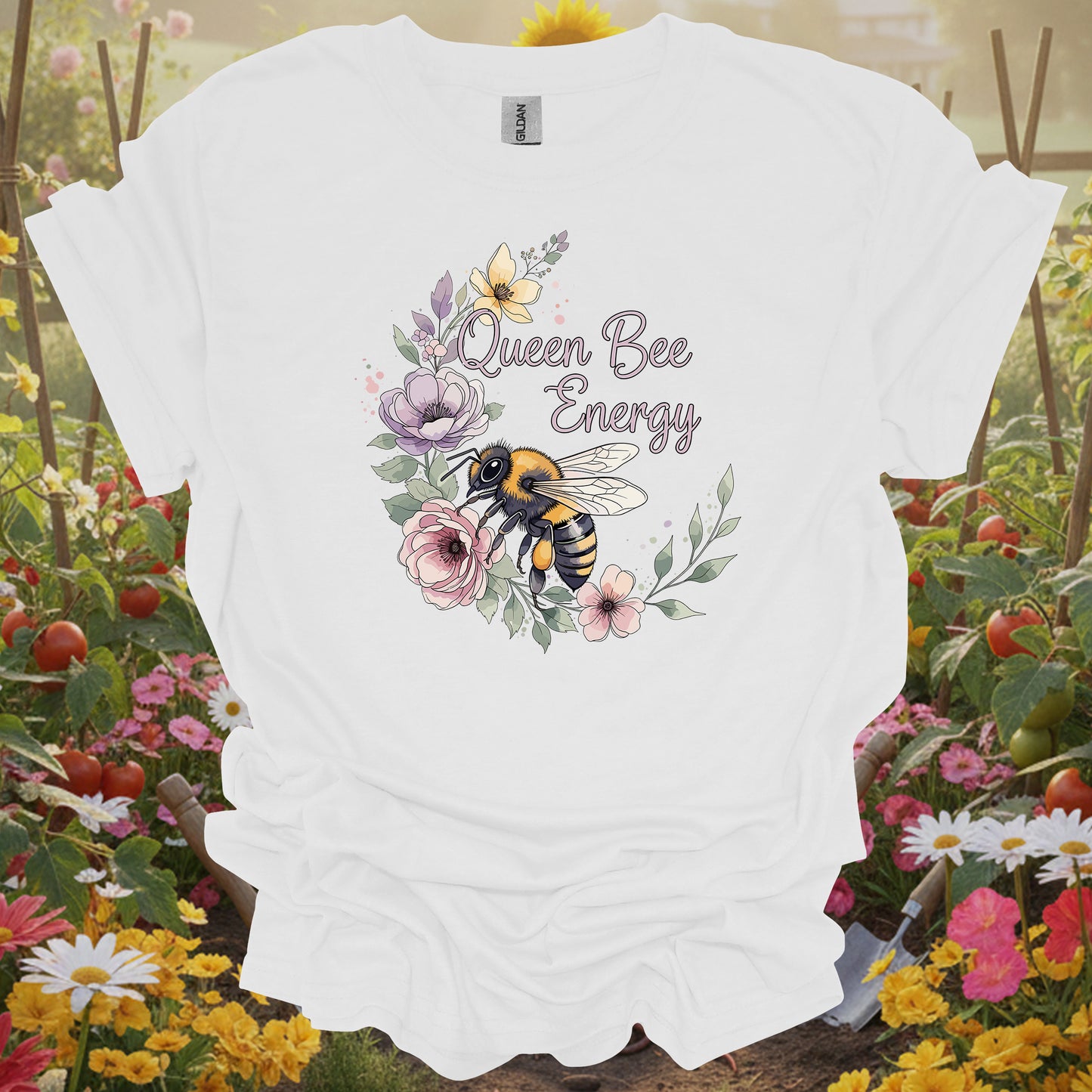 White shirt featuring a nostalgic floral honeybee design on a classic tee for anyone who finds peace in their sanctuary.