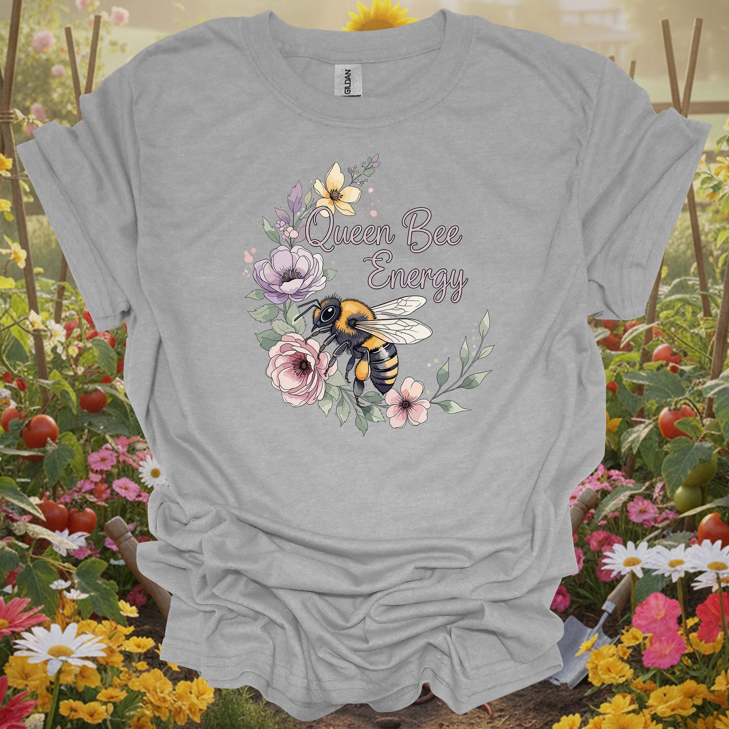 Sport Gray T-shirt with a detailed botanical honeybee illustration perfect for eco-conscious plant parents and bee lovers.