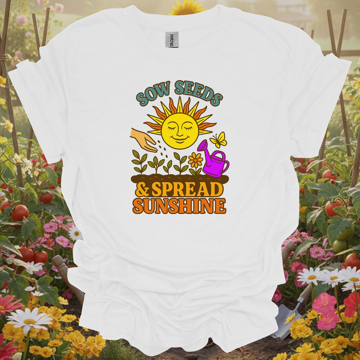 White shirt featuring a nostalgic seedling design on a classic tee for anyone who finds joy in their backyard sanctuary.