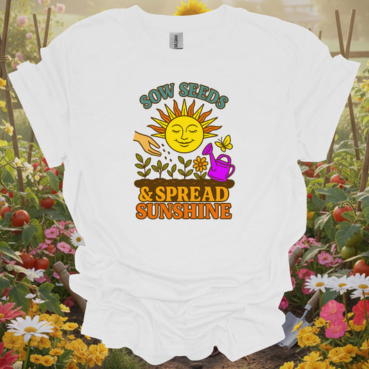 White shirt featuring a nostalgic seedling design on a classic tee for anyone who finds joy in their backyard sanctuary.