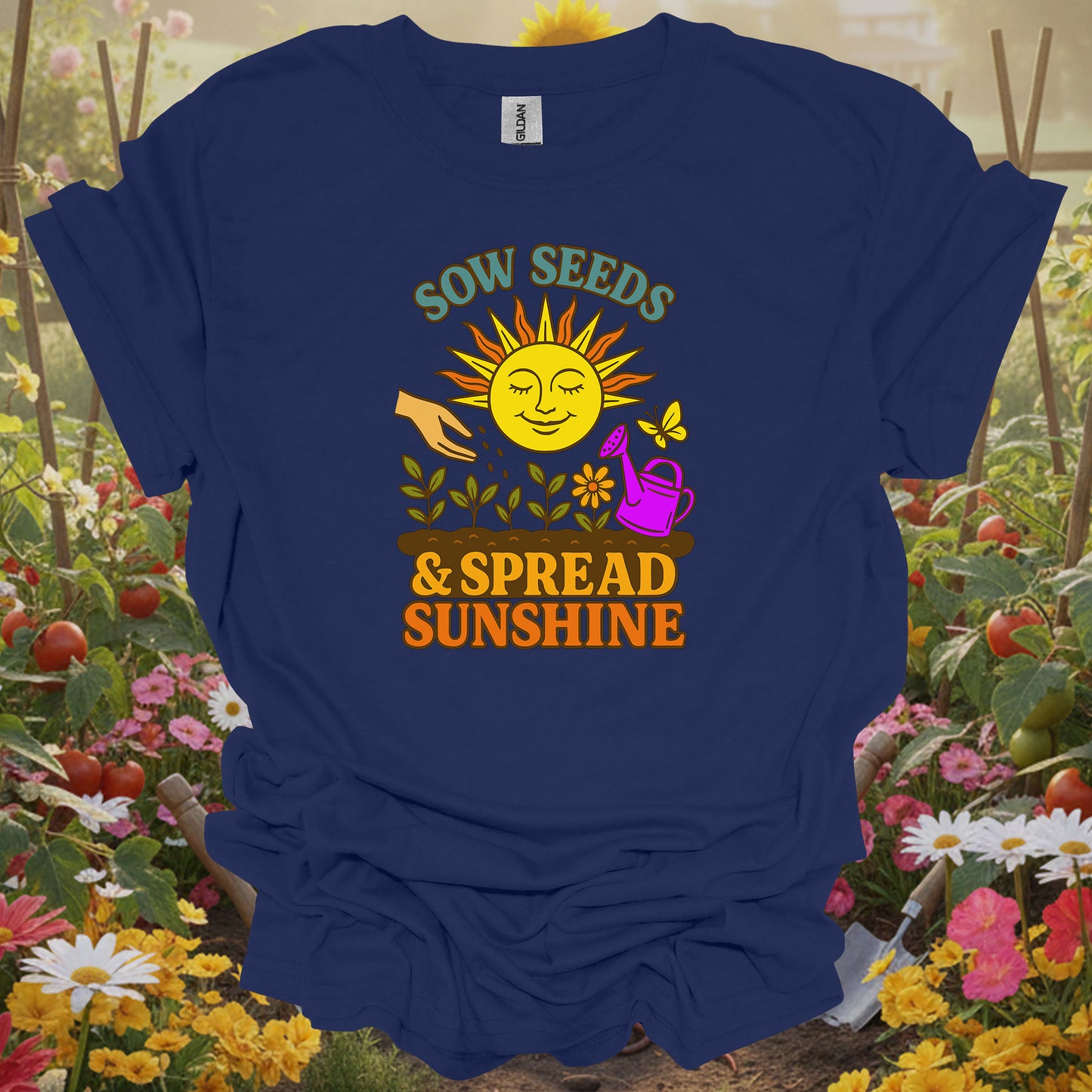 Navy top with a retro storybook botanical graphic that captures a cheerful and mindful homesteading vibe for any grower.
