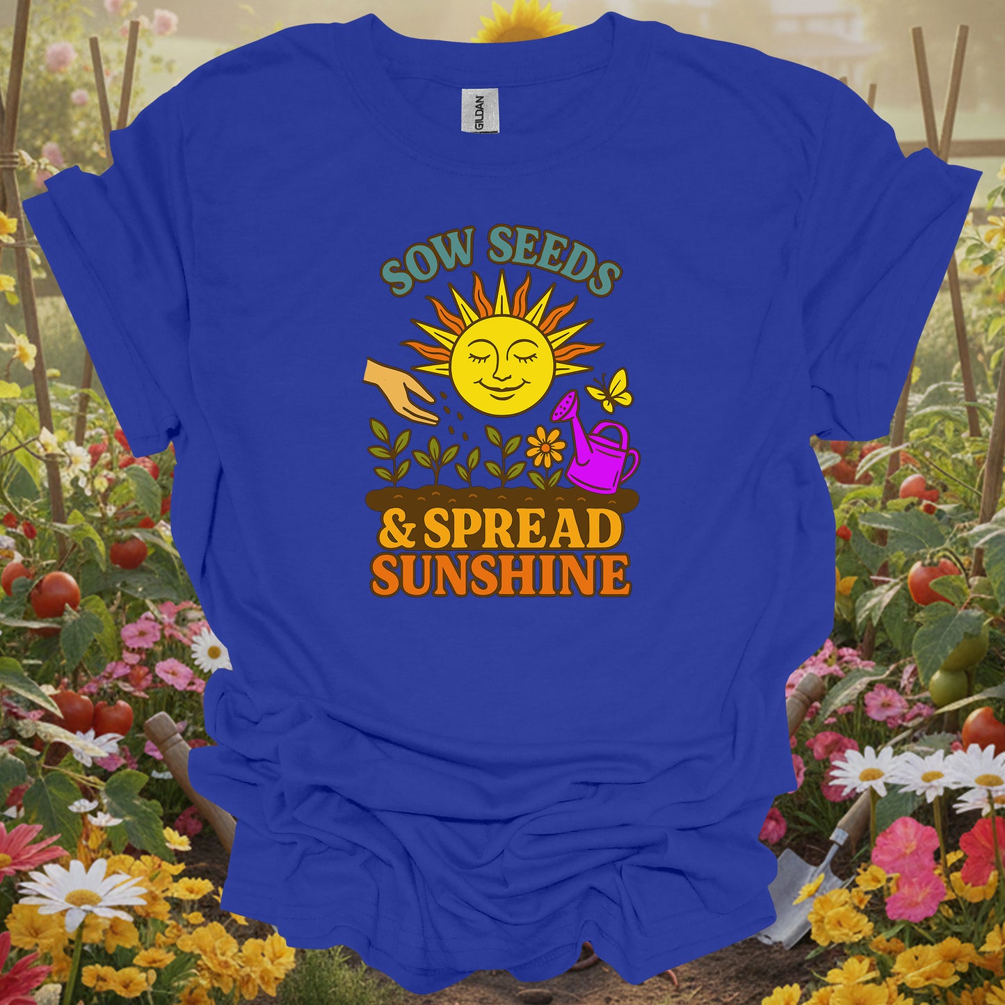 Royal apparel displaying a pink watering can and yellow butterfly on a casual gardening tee for sunny hobby farmers.