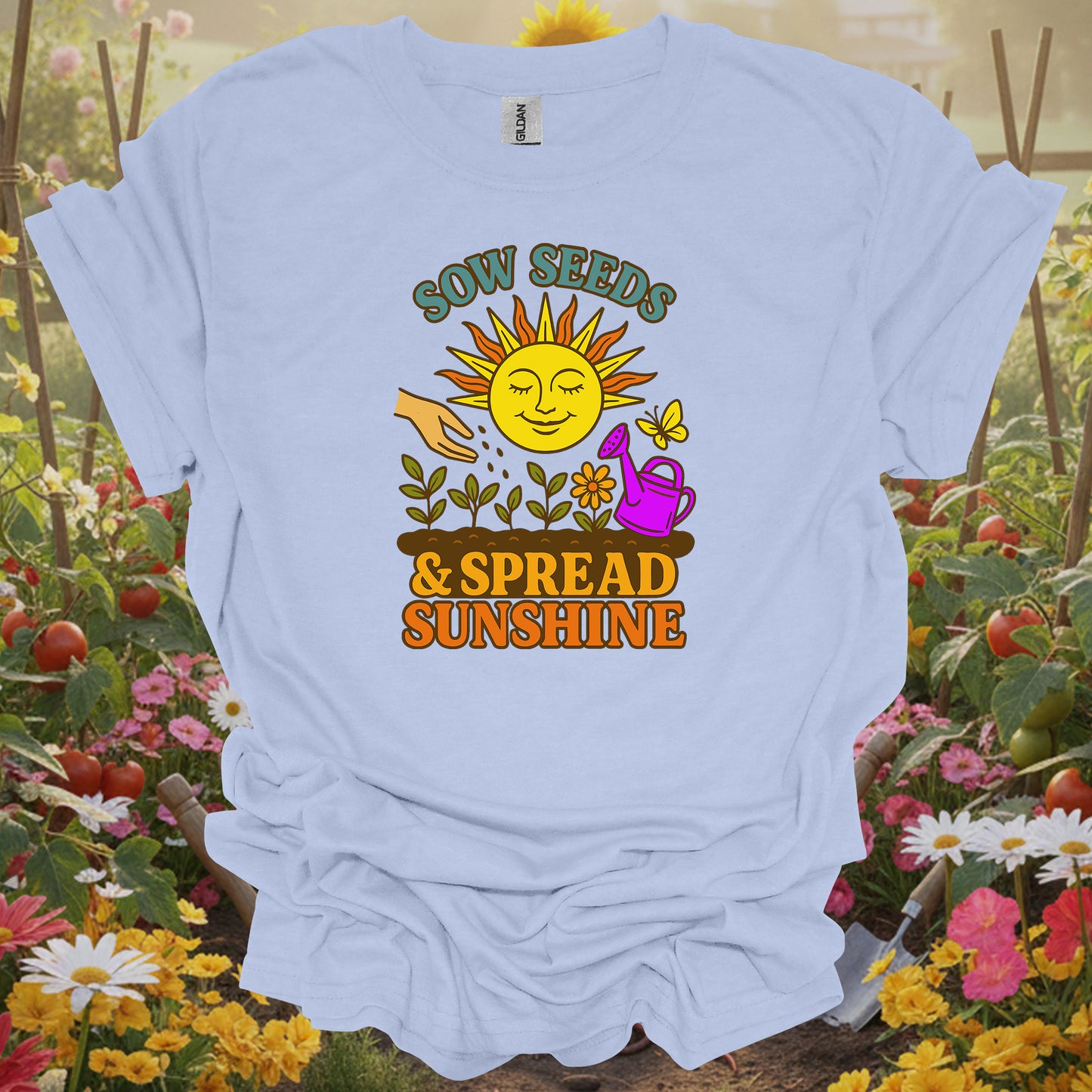 Light Blue shirt with a colorful sprout plant illustration that makes a perfect sunshine gardening gift for enthusiasts.