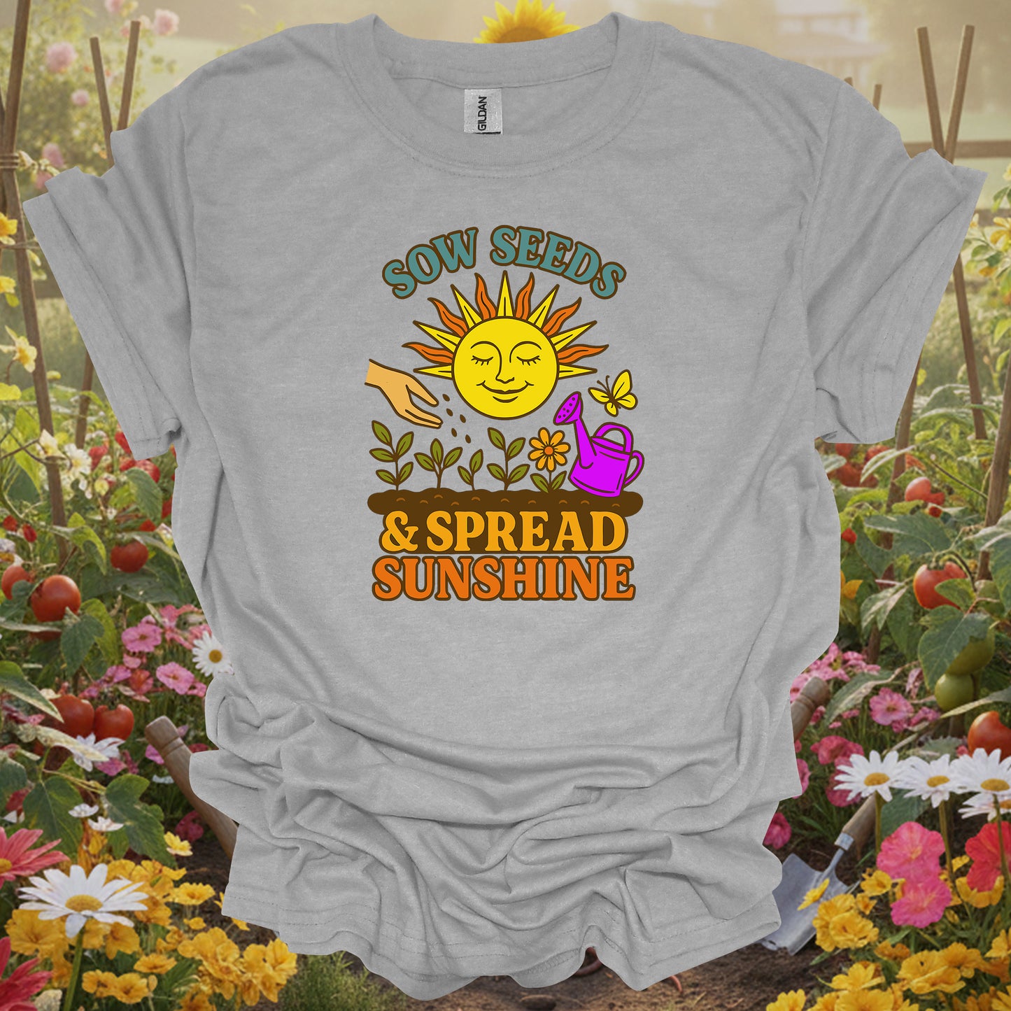 Sport Gray T-shirt with a detailed smiling sun illustration perfect for eco-conscious gardeners and plant parents alike.