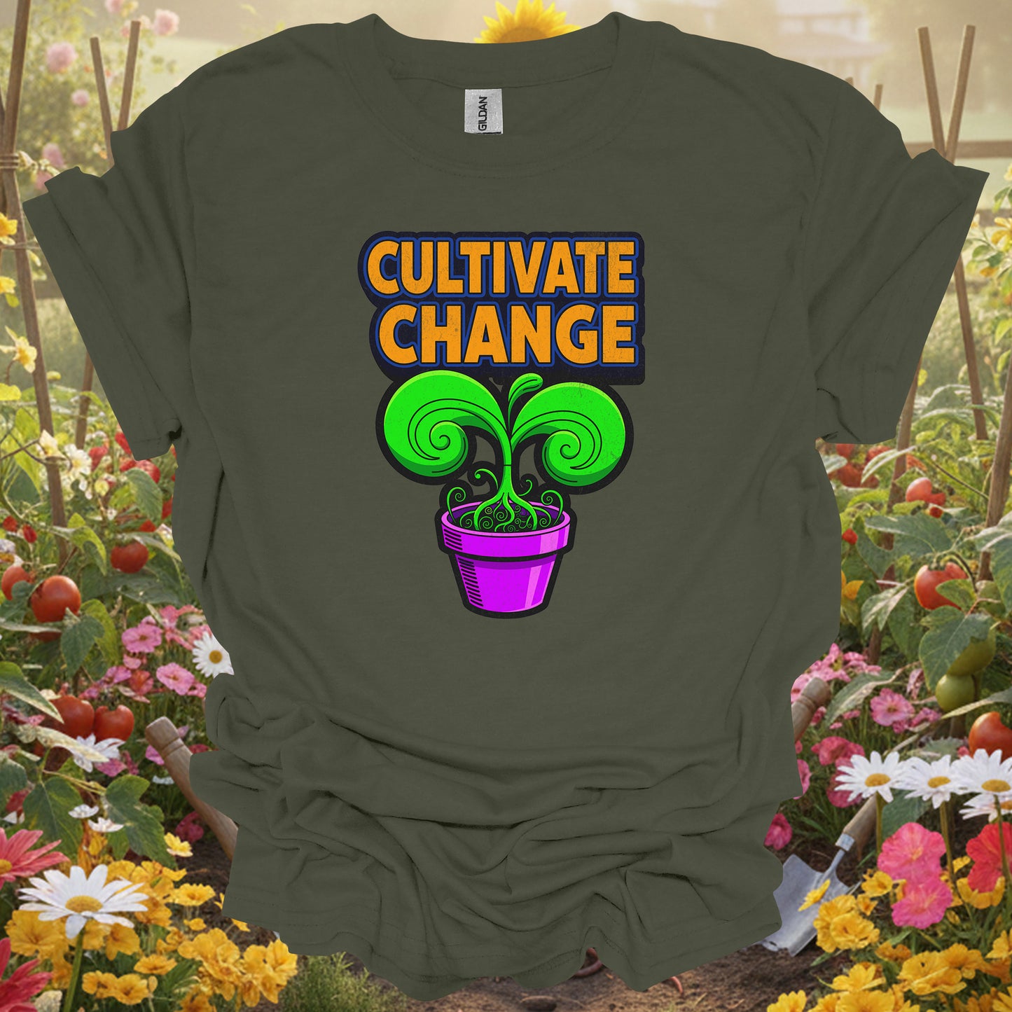 Military Green gardening tee with a retro-inspired storybook look that serves as a functional piece of art.
