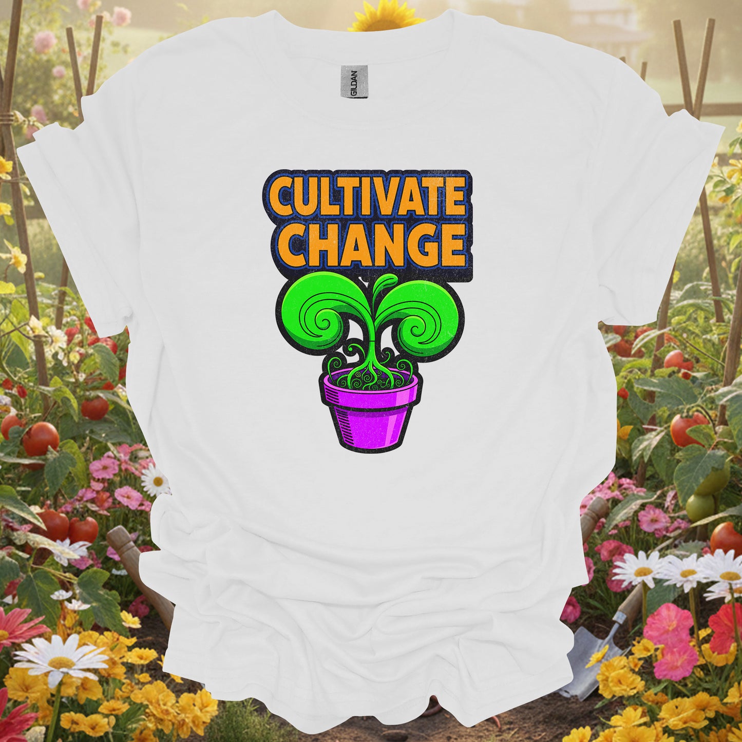 White shirt featuring a colorful psychedelic sprout on a classic tee for those who value positive transformation.