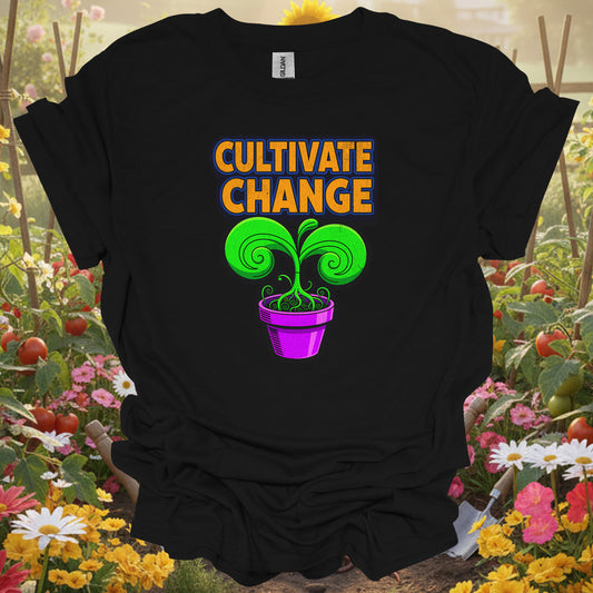 Black t-shirt with a detailed botanical sprout design that fits a modern slow-living garden aesthetic.