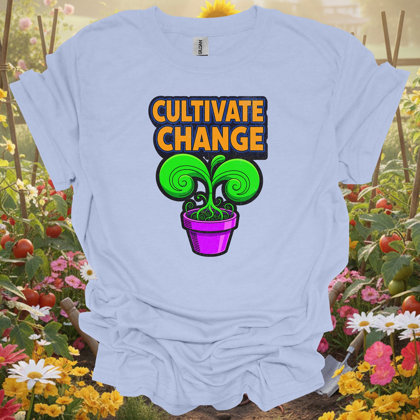 Light Blue shirt showcasing a vibrant purple pot and swirling leaves on a comfortable T-shirt for plant parents.