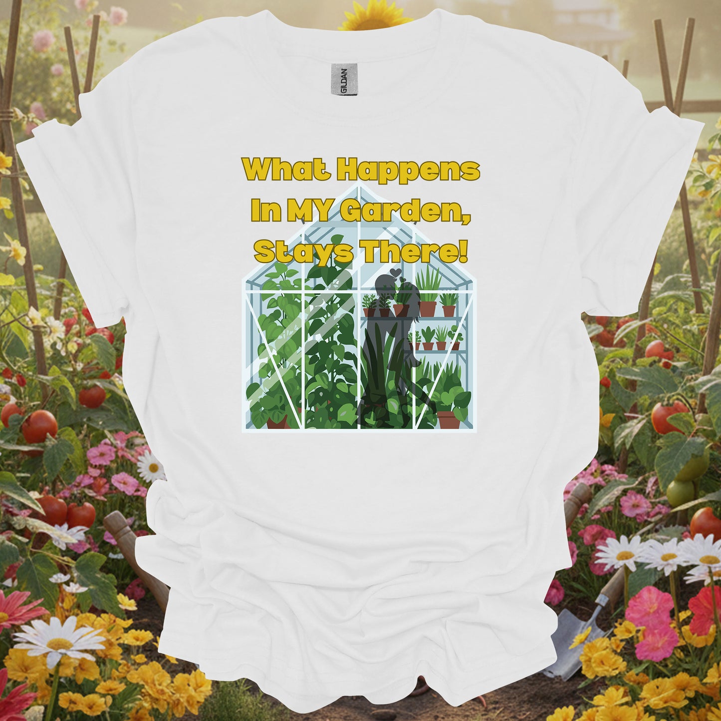 White shirt displaying a playful greenhouse secret design that brings a touch of mystery to your garden apparel.