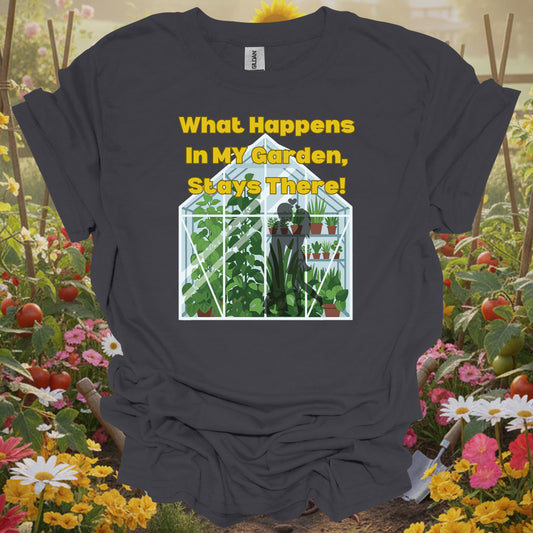 Charcoal tee featuring a private garden sanctuary design with a hidden greenhouse silhouette for plant lovers.