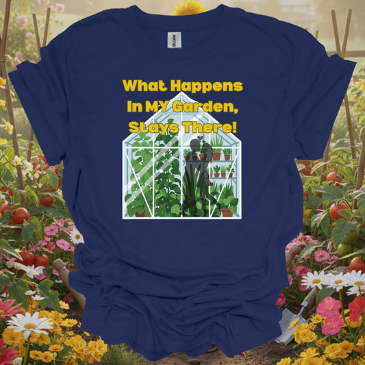 Navy top showcasing a retro storybook botanical graphic of a lush greenhouse filled with climbing vines.