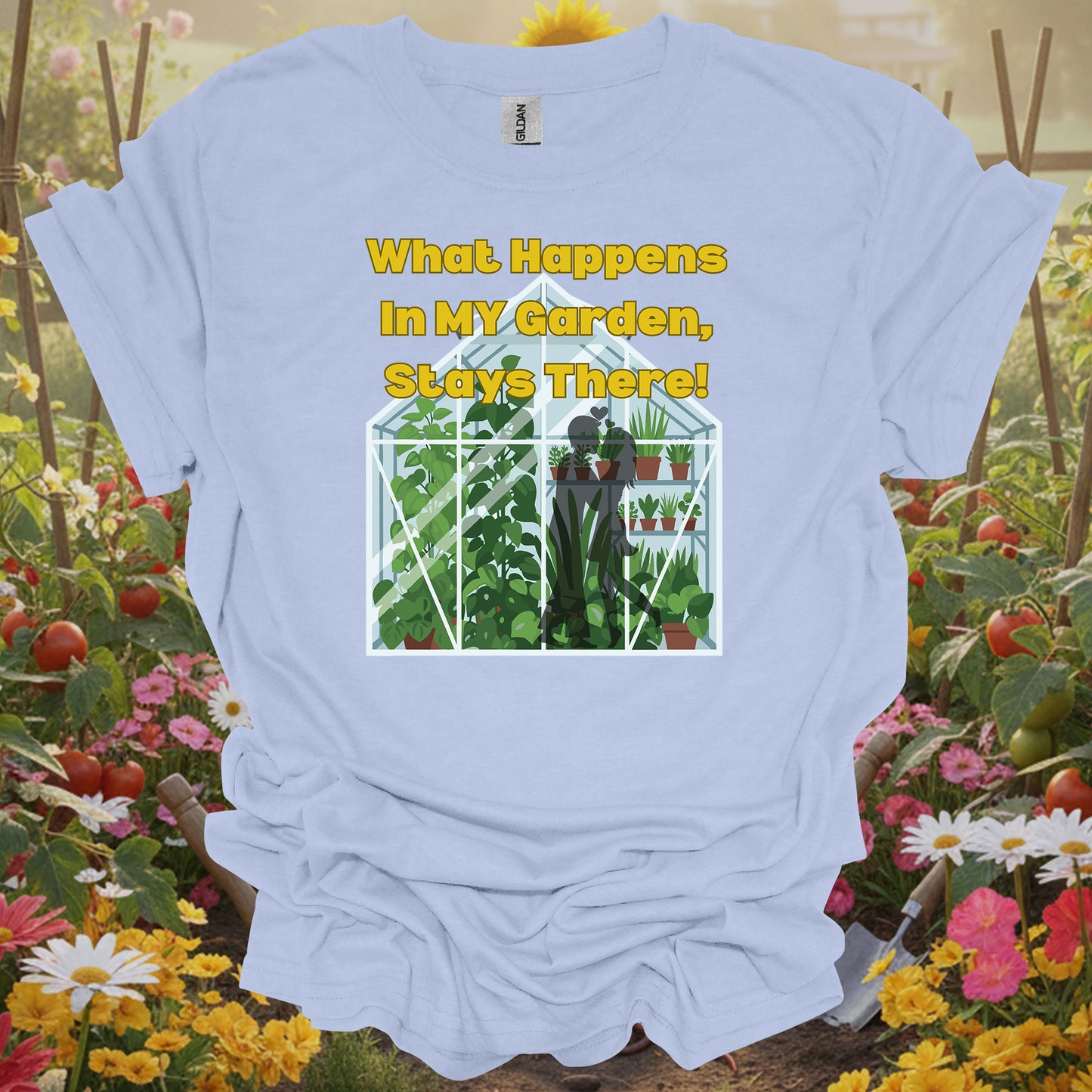 Light Blue shirt with a funny greenhouse quote that makes a thoughtful gift for any indoor plant parent.