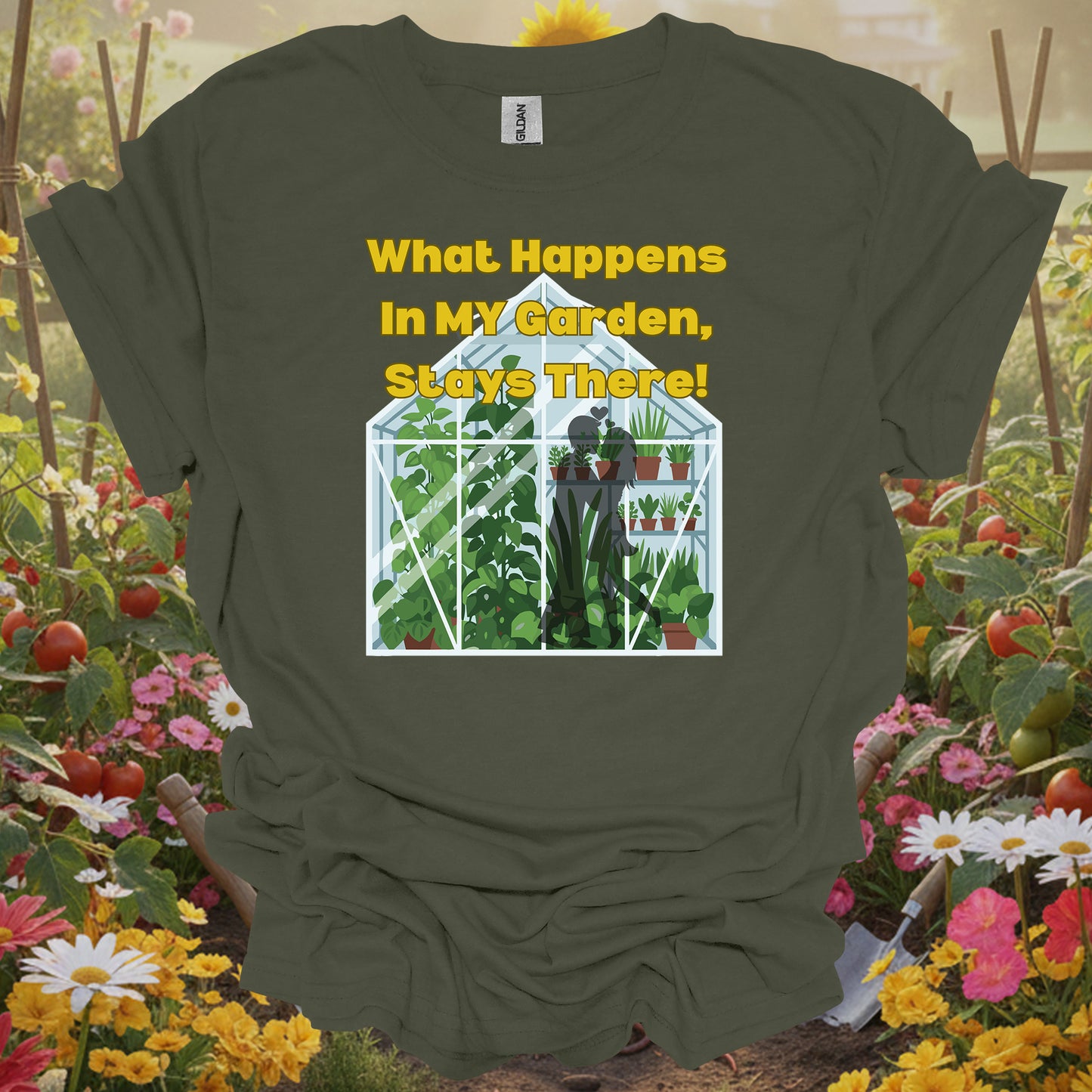Military Green gardening shirt with a retro-inspired storybook look designed as a functional piece of art.