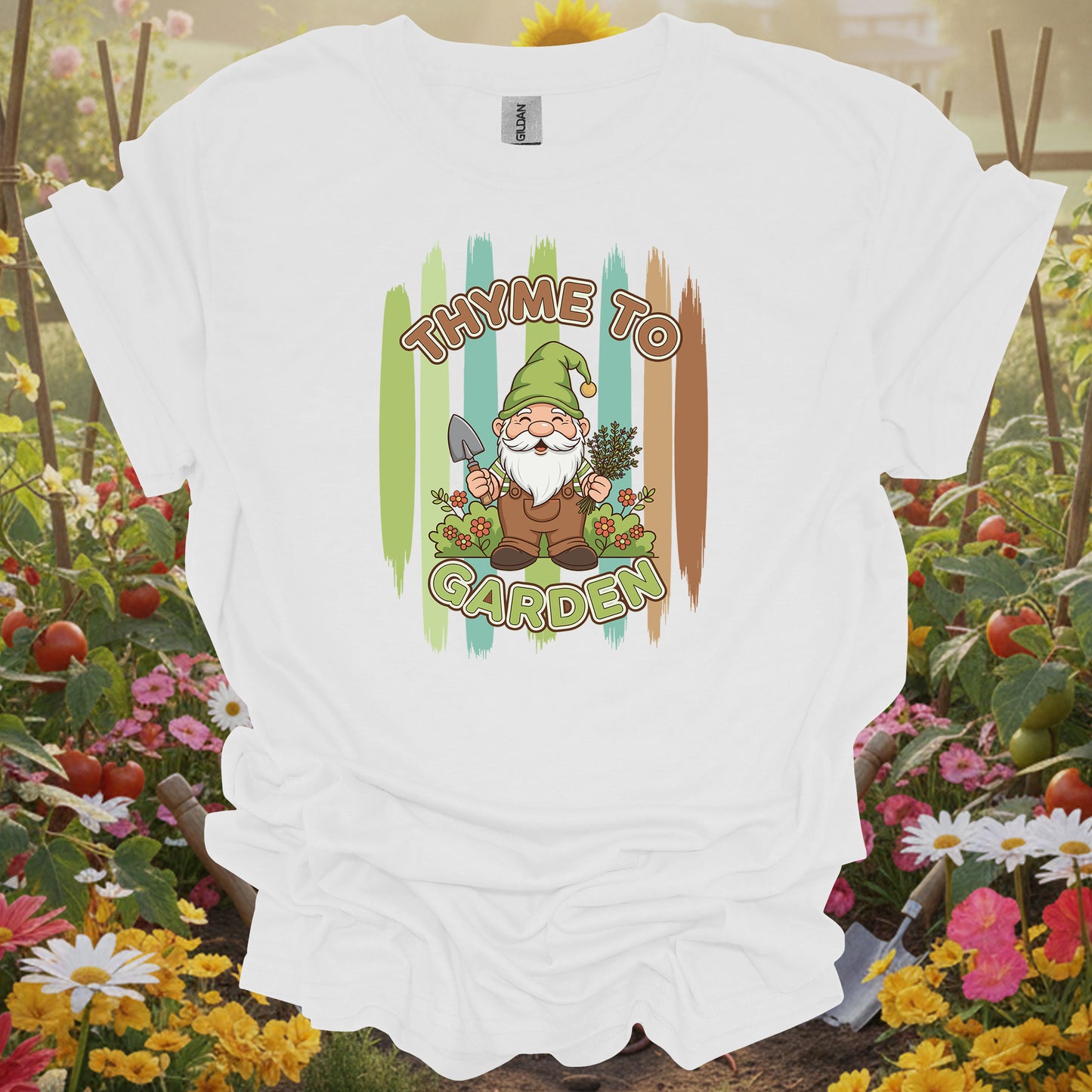 Thyme To Garden Funny Gnome Gardener T-Shirt